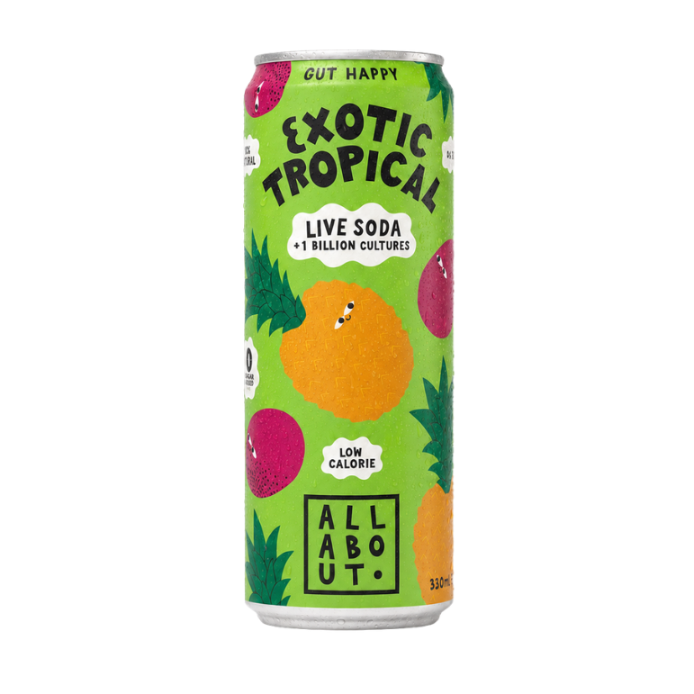 All About Kombucha 330ml can of tropical live organic soda with colourful fruit characters on a vibrant green background, highlighting real fruit and 100% natural ingredients
