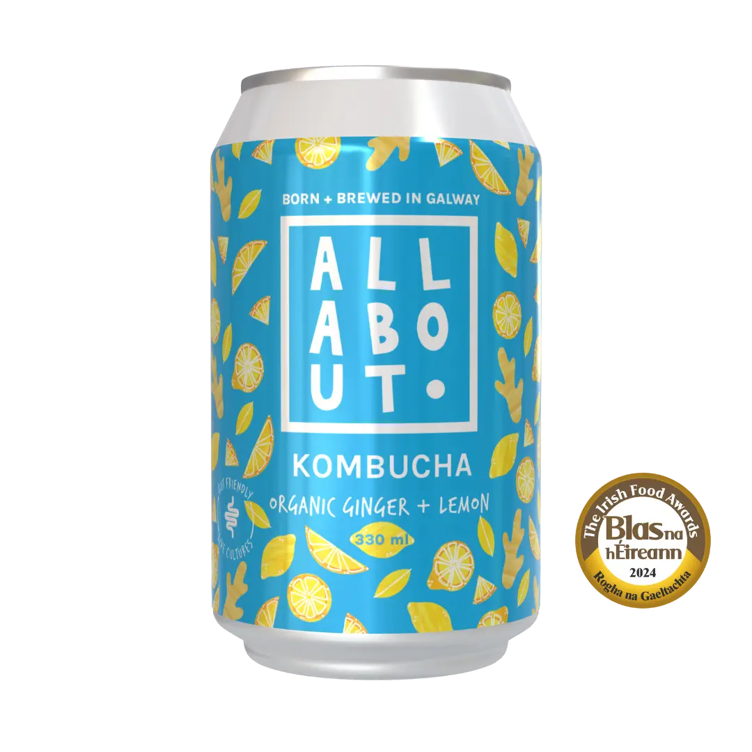 All About
Kombucha 330ml
can of organic
ginger and
lemon kombucha
with bright blue
label and 2024
Blas na hÉireann
Gaeilge award badge.