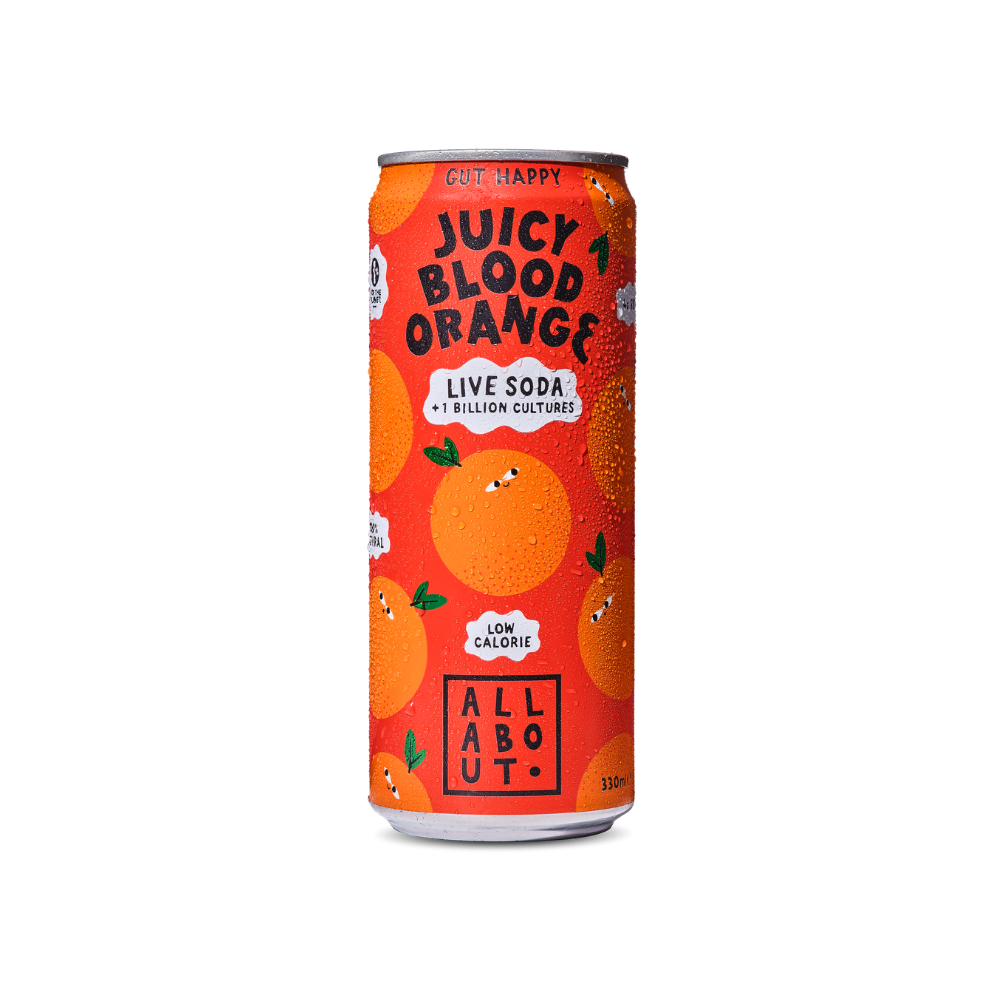 Blood Orange flavoured Live Soda can with a red-orange label featuring playful orange fruit characters.
