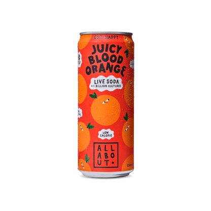 Blood Orange flavoured Live Soda can with a red-orange label featuring playful orange fruit characters.
