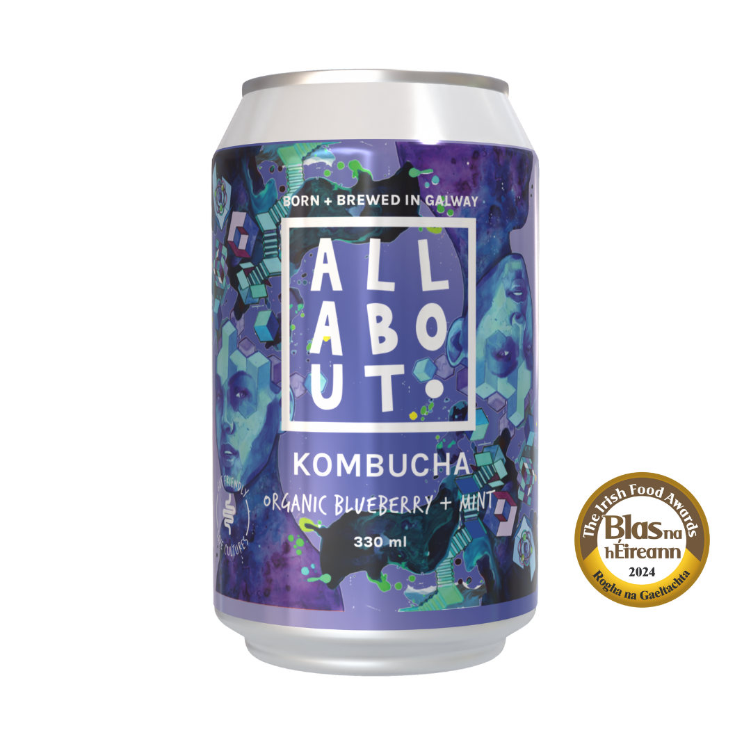 All About Kombucha 330ml can of organic blueberry and mint kombucha with bold purple design and 2024 Blas na hÉireann Gaeilge award badge