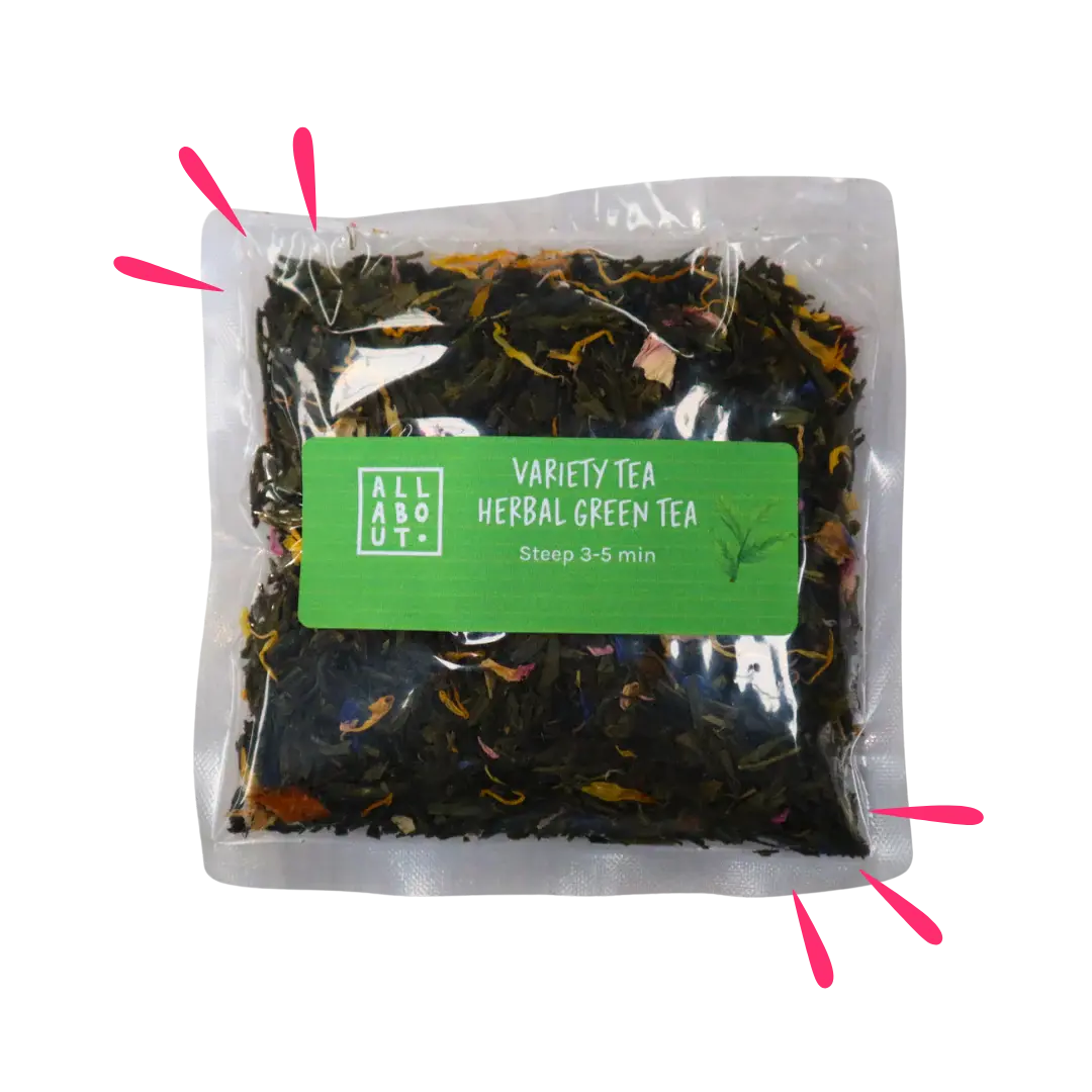 All About Kombucha variety tea pouch labeled Herbal Green Tea, packaged in a clear 3–5 minute steeping pack with a green label and visible loose leaves.