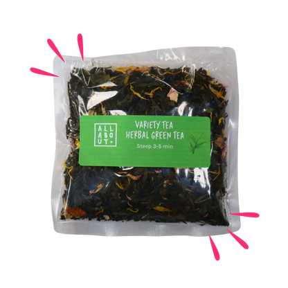 All About Kombucha variety tea pouch labeled Herbal Green Tea, packaged in a clear 3–5 minute steeping pack with a green label and visible loose leaves.
