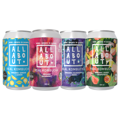 Four aluminum cans of All About Kombucha arranged side by side on a white background. The labels feature colorful fruit and flavor designs: blue lemon, pink raspberry, purple mint, and green guava/grapefruit.