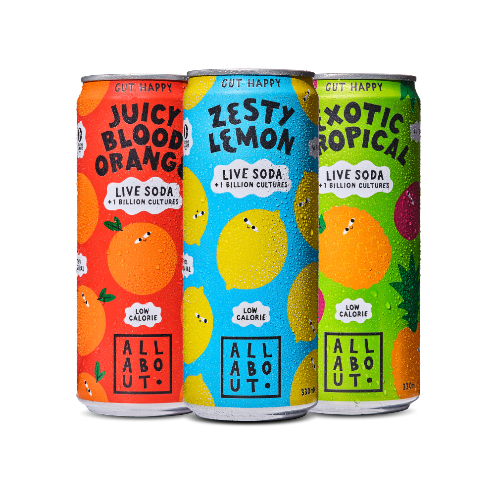 Three Live Soda cans in Blood Orange, Lemon and Tropical flavours featuring playful fruit illustrations and vibrant flavour labels.
