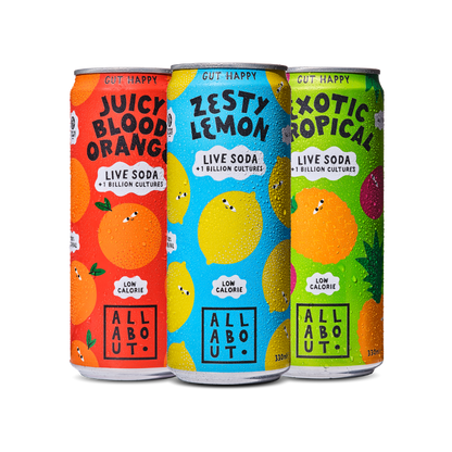 Three Live Soda cans in Blood Orange, Lemon and Tropical flavours featuring playful fruit illustrations and vibrant flavour labels.
