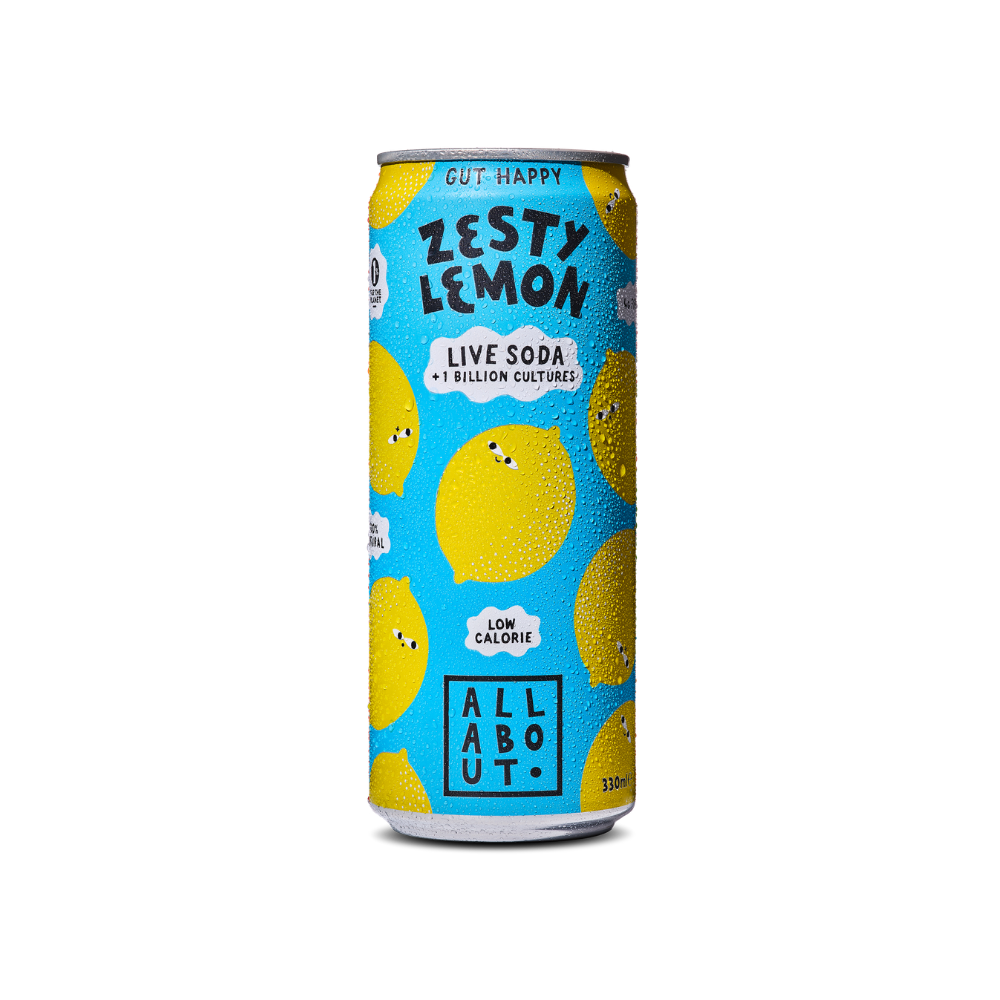 Lemon flavoured Live Soda with a yellow and blue label featuring playful lemon fruit characters