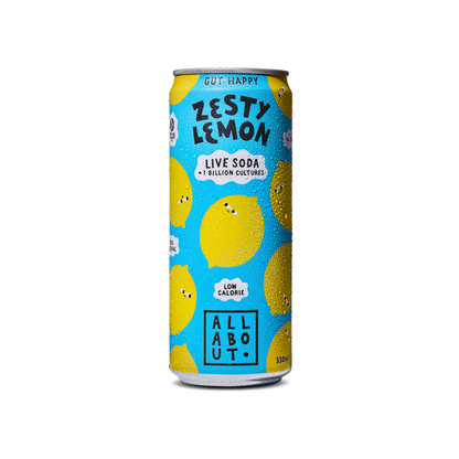 Lemon flavoured Live Soda with a yellow and blue label featuring playful lemon fruit characters