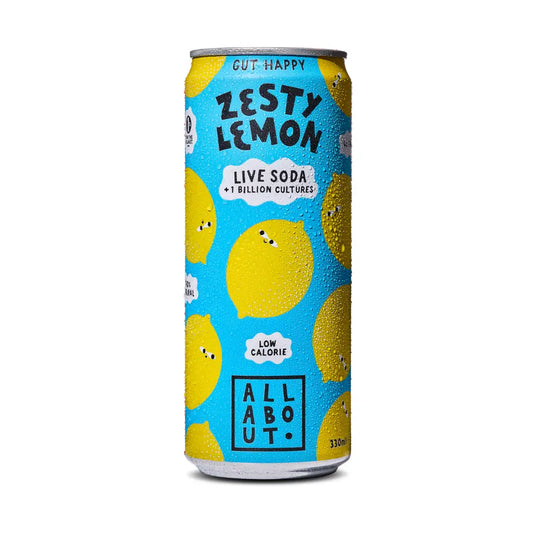 Lemon flavoured Live Soda with a yellow and blue label featuring playful lemon fruit characters