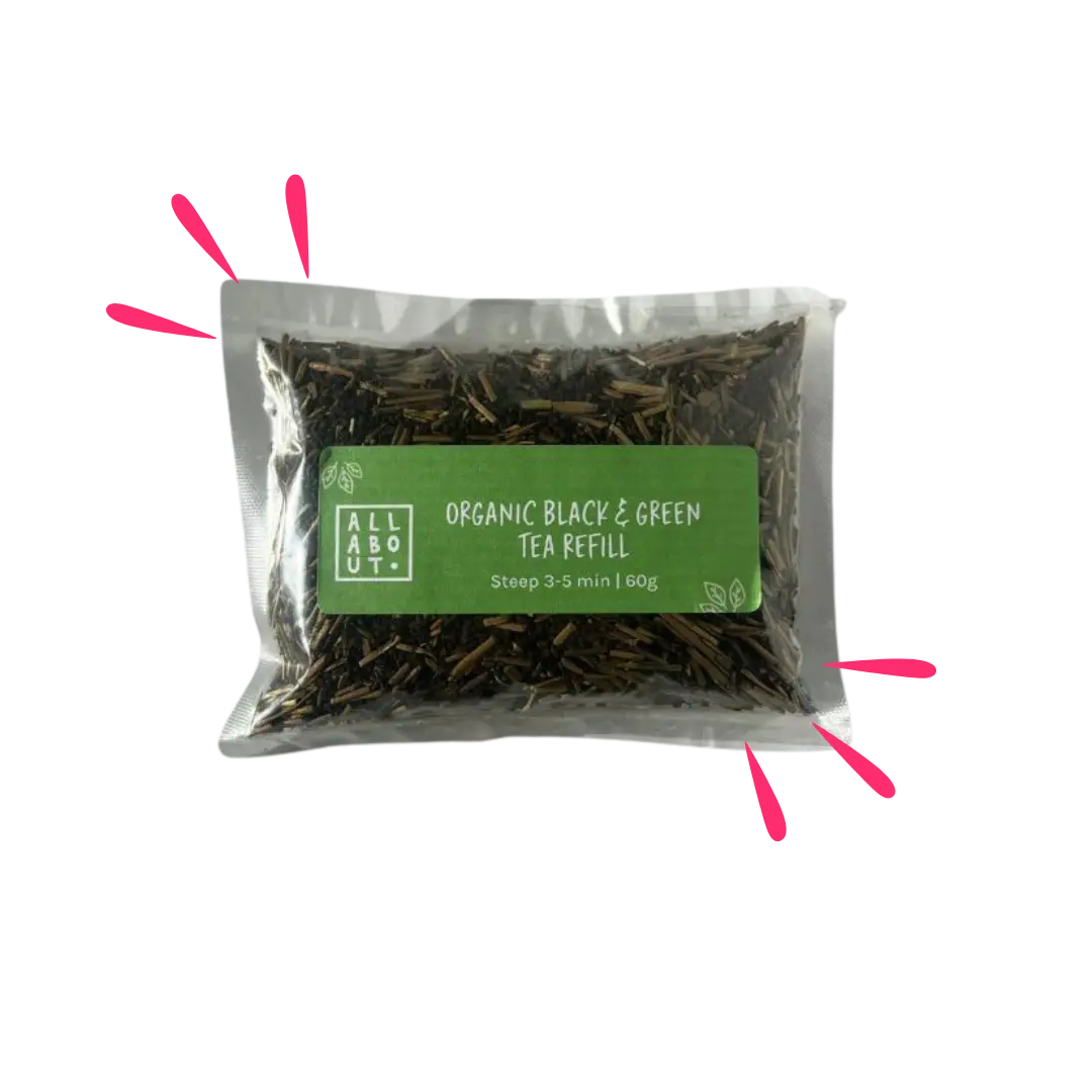 All About Kombucha organic black and green tea refill in a 60g clear pouch with green label, designed for 3–5 minute steeping.
