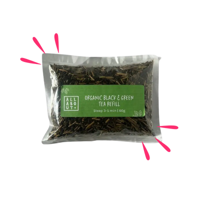 All About Kombucha organic black and green tea refill in a 60g clear pouch with green label, designed for 3–5 minute steeping.
