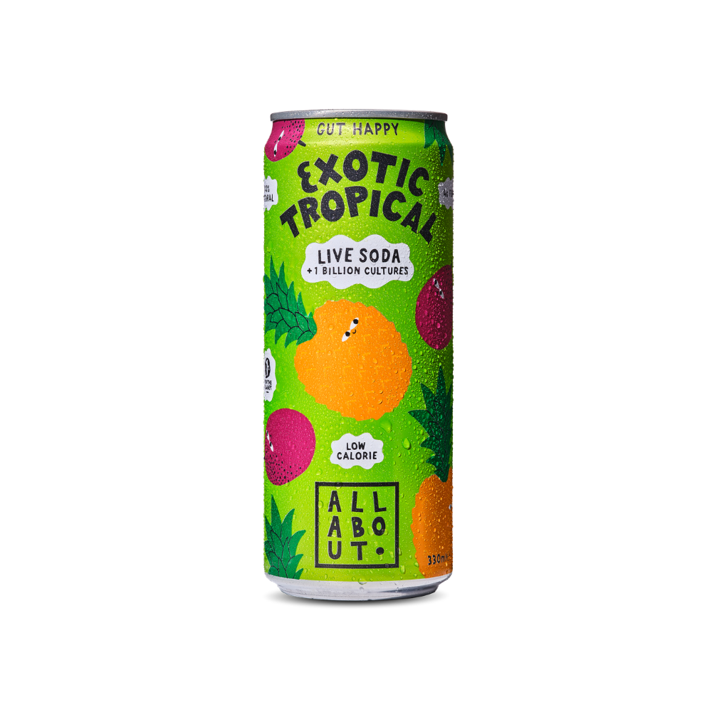 Tropical flavoured Live Soda with a green label and playful fruit characters