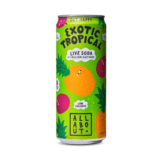 Tropical flavoured Live Soda with a green label and playful fruit characters
